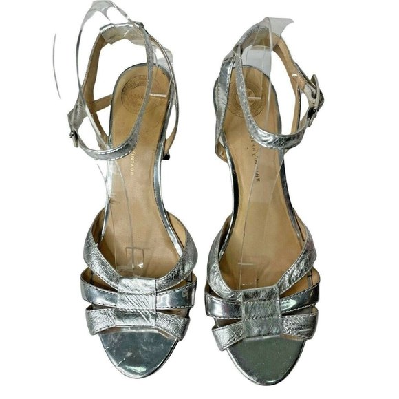 MODERN VINTAGE "Melanie" Sandals Heels Sz 38.5 8 Metallic Silver Open Toe a44 - Picture 2 of 8